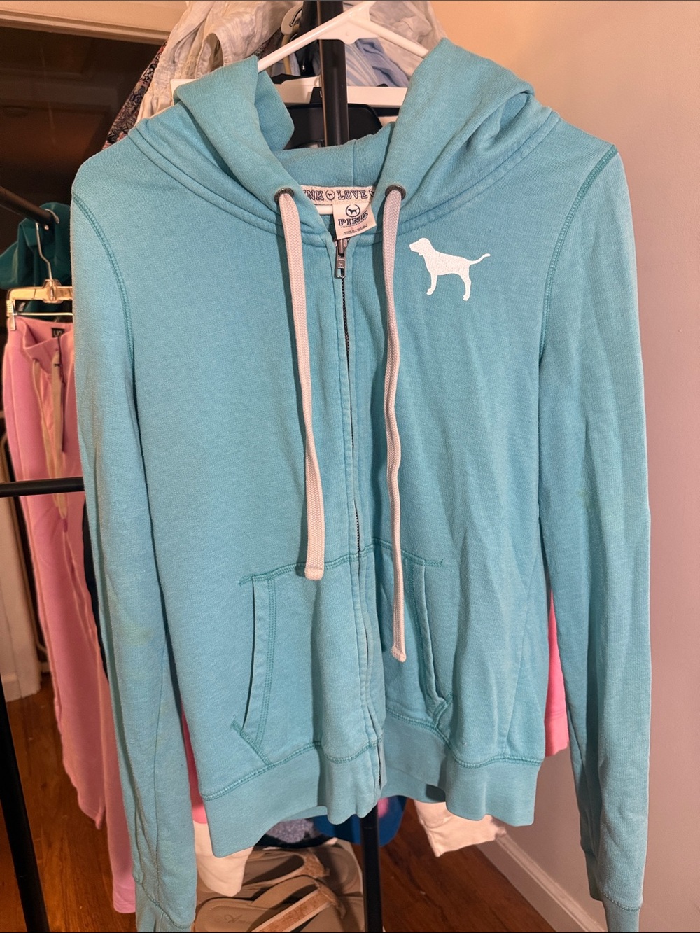 PINK Victoria's Secret Teal Zip-Up Hoodie with Dog Logo 2011